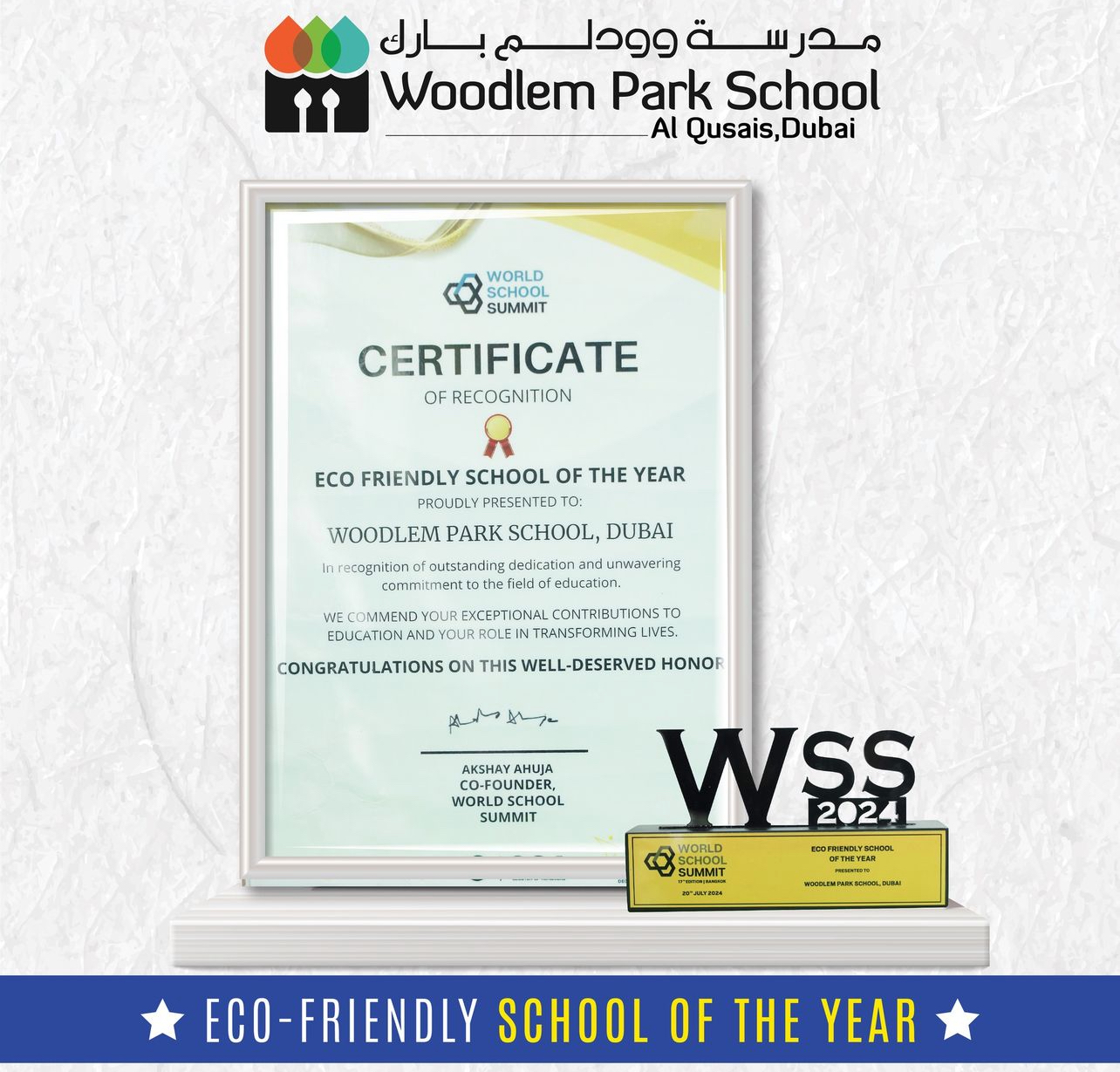 Woodlem Park School Dubai Awarded “Eco-Friendly School of the Year” by World School Summit